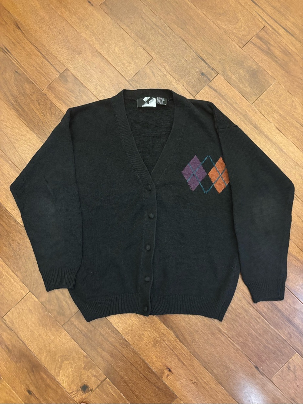 VTG 90s Urban Outfitters Argyle Cardigan Sweater Linen Cotton Made in HK Large